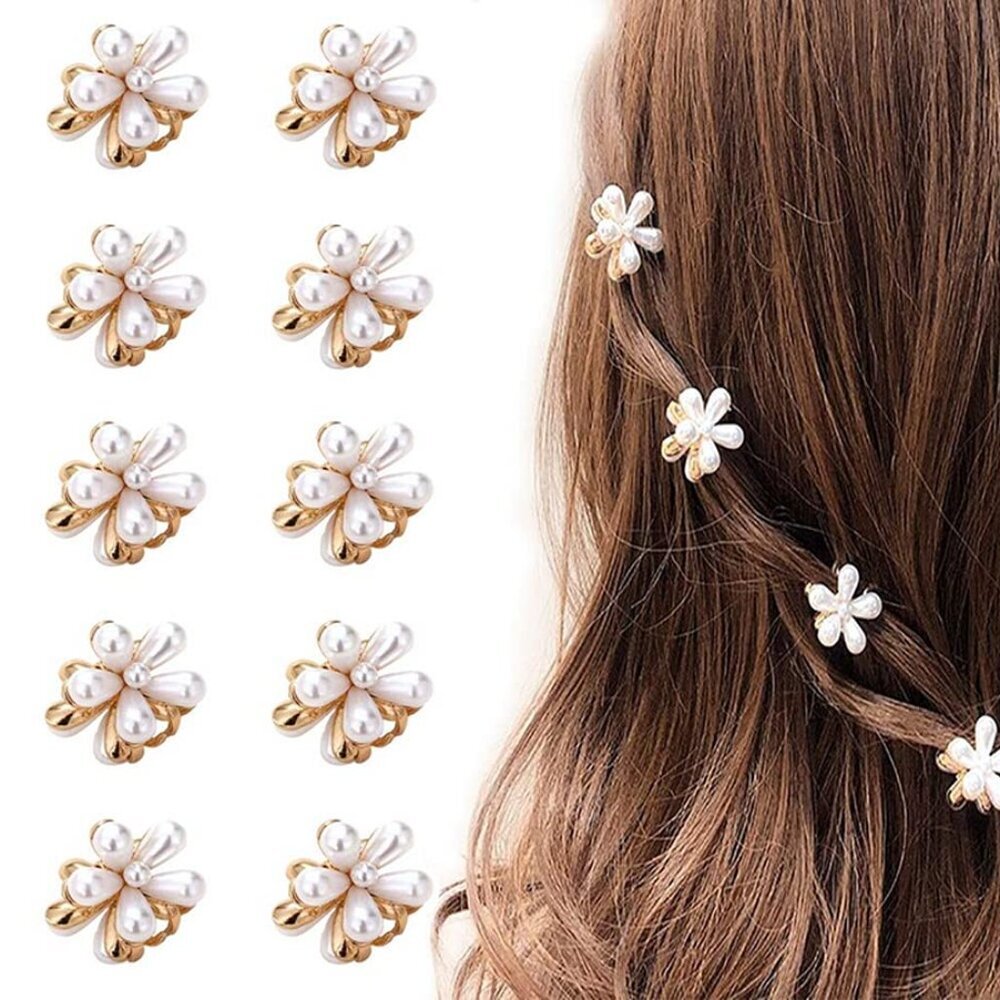 10 Pcs Small Mini Pearl Claw Clips with Flower Design, Sweet Artificial Bangs Cl
